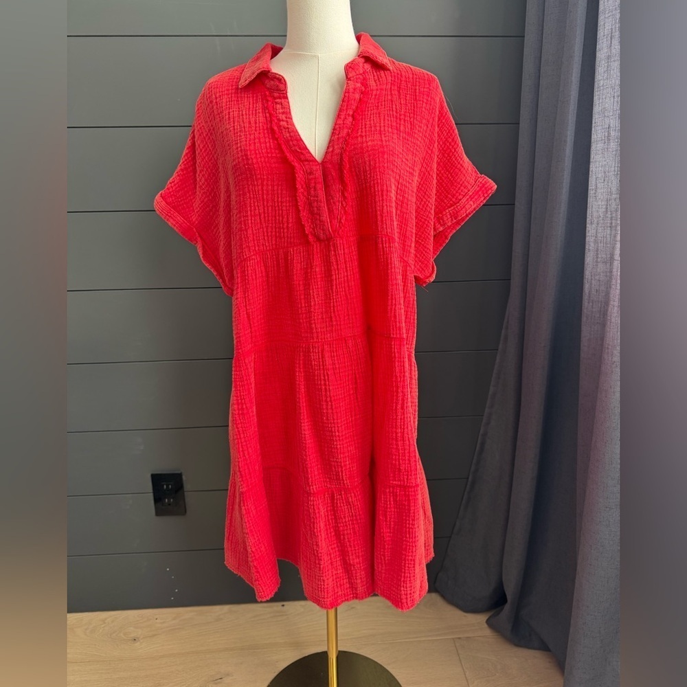 Umgee NEW Bright Red Tiered Cotton Lightweight Collared Dress size Large